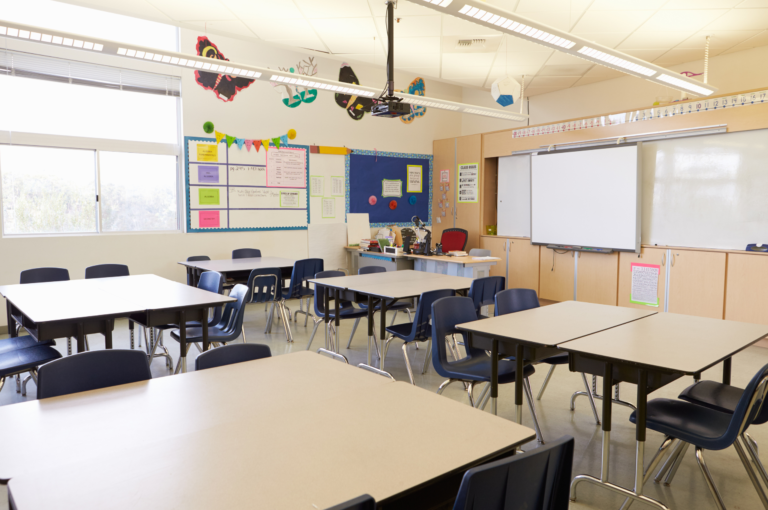 Primary school classroom prepared for students and learning activities